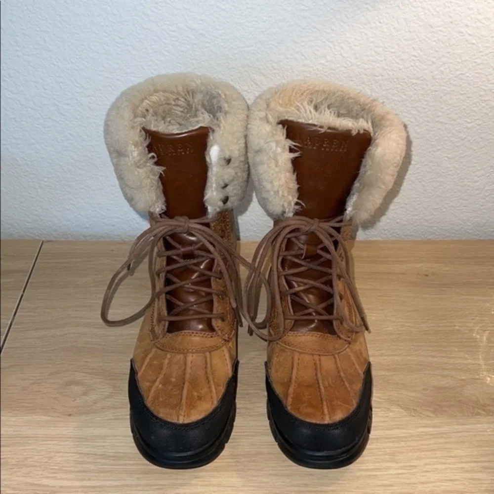 Ralph Lauren‎ Quinta Tan Brown Leather Shearling Mid Calf Winter Boots